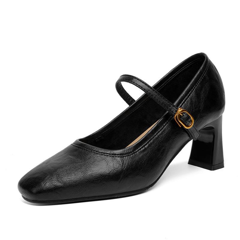 Women High Heels New French Style Retro Buckle Strap Comfortable Soft Square Toe Pumps Daily Simple Versatile Chunky Heel Shoes
