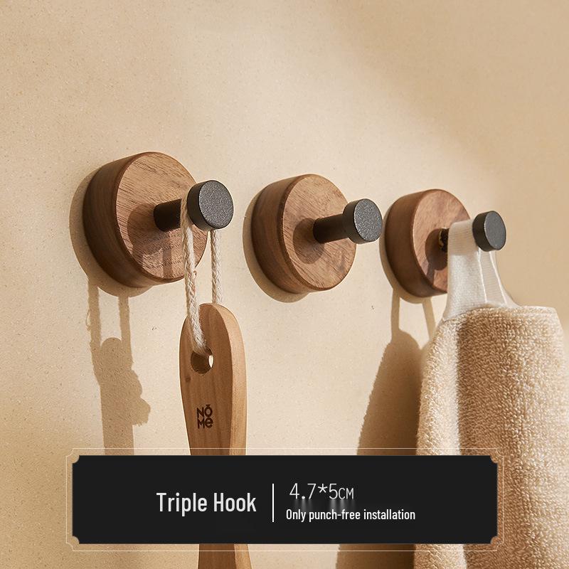 Walnut Bathroom Wall-Mounted No-Drill Adhesive Hook, Solid Wood & Space Aluminum