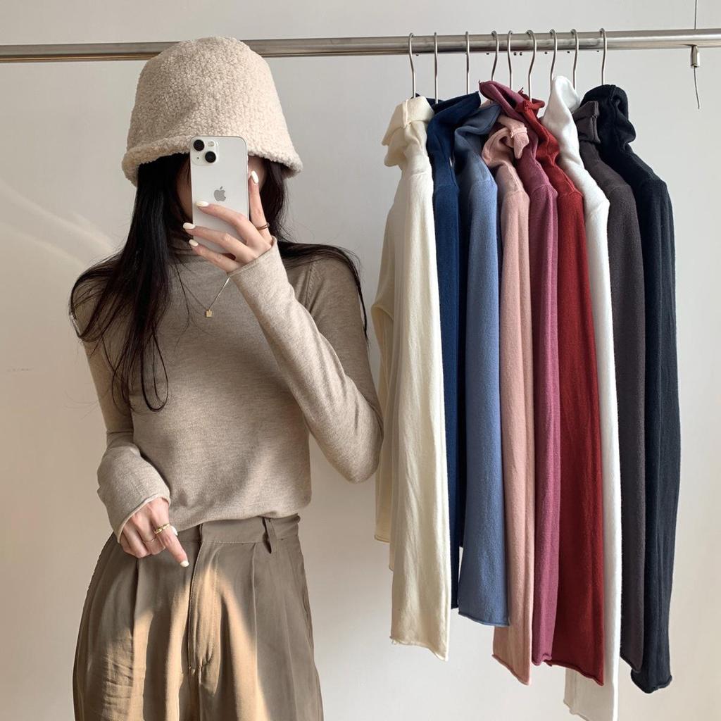 Korean Style Rolled Edge Puffy Collar Slim Fit Knit Sweater for Women
