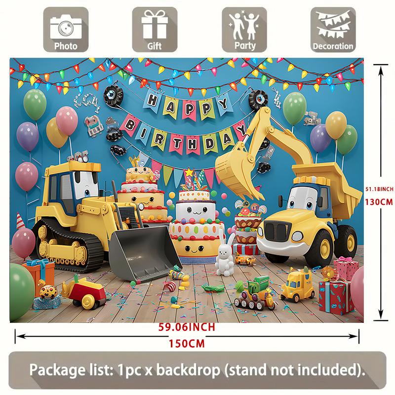 Party-Hintergrund BauLKW Gelber Bagger Luftballons Kuchen Verspielte Foto-Booth-Deko Geburtstagsparty-Deko