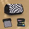 Large Pencil Case with a Wavy Checkered Design In Black And White, Perfect for Students. This Spacious Pencil Bag Serves As an Organizer for Office Or