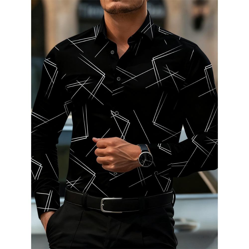 Camicia da Uomo alla Moda con Stampa Geometrica a Linee a Maniche Lunghe Design di Moda Business Casual Vestibilità Slim Non Stiro Versatile Camicia Stile Ins