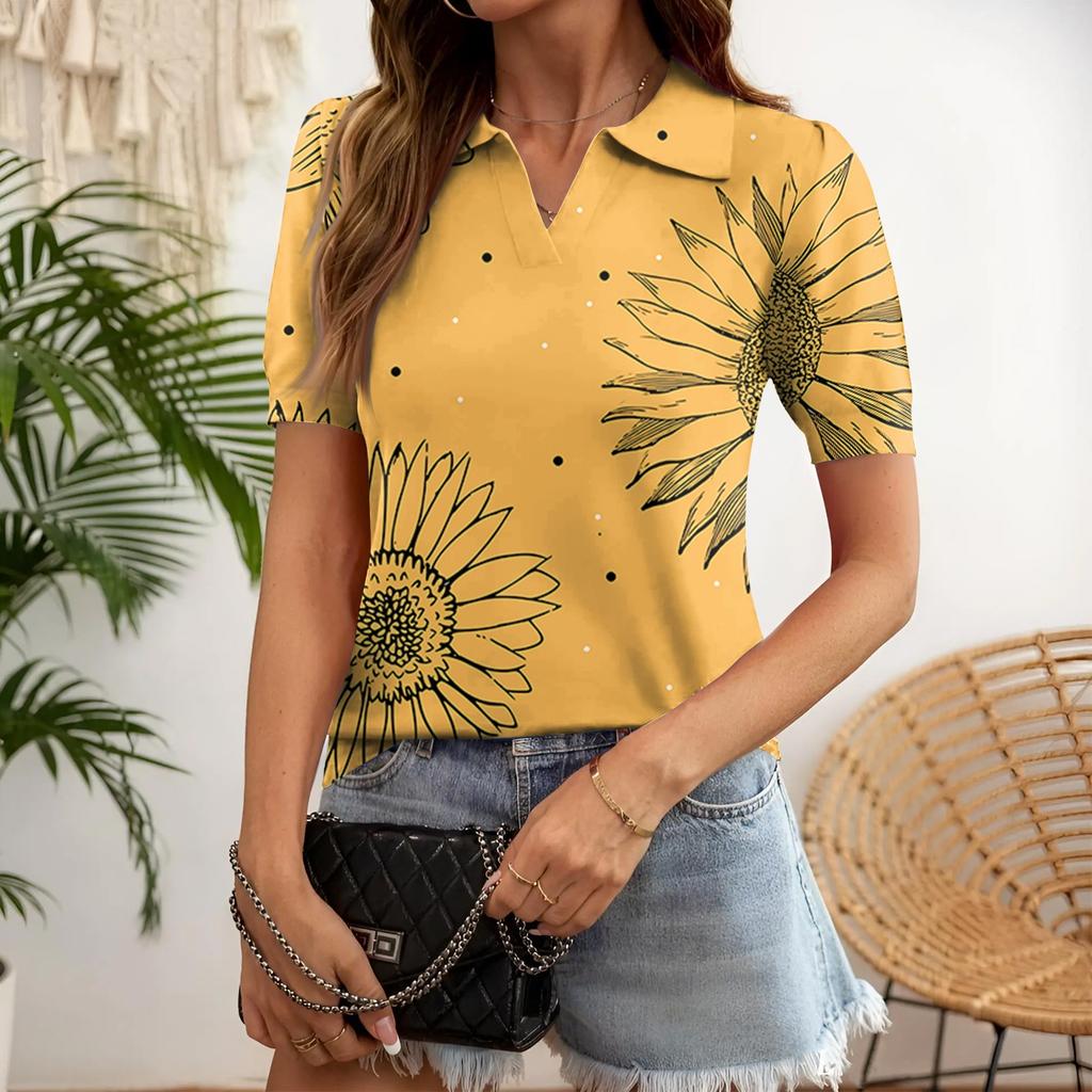 Women's Vintage Floral V Neck Casual Short Sleeve Shirt Top Lightweight Breathable Summer Blouse with Relaxed Fit and Collared Design