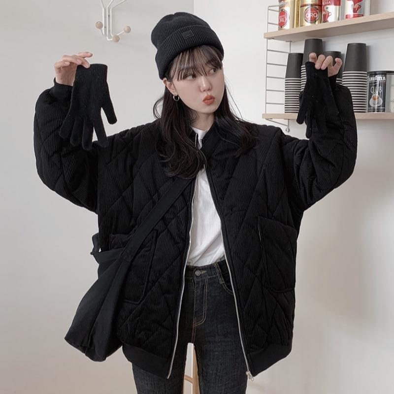 Nuevo Chaqueta Parka de algodón de pana para mujer, abrigo con cuello redondo, acolchado, negro, caqui, con cremallera, bolsillos, Retro, holgado, color liso, Otoño