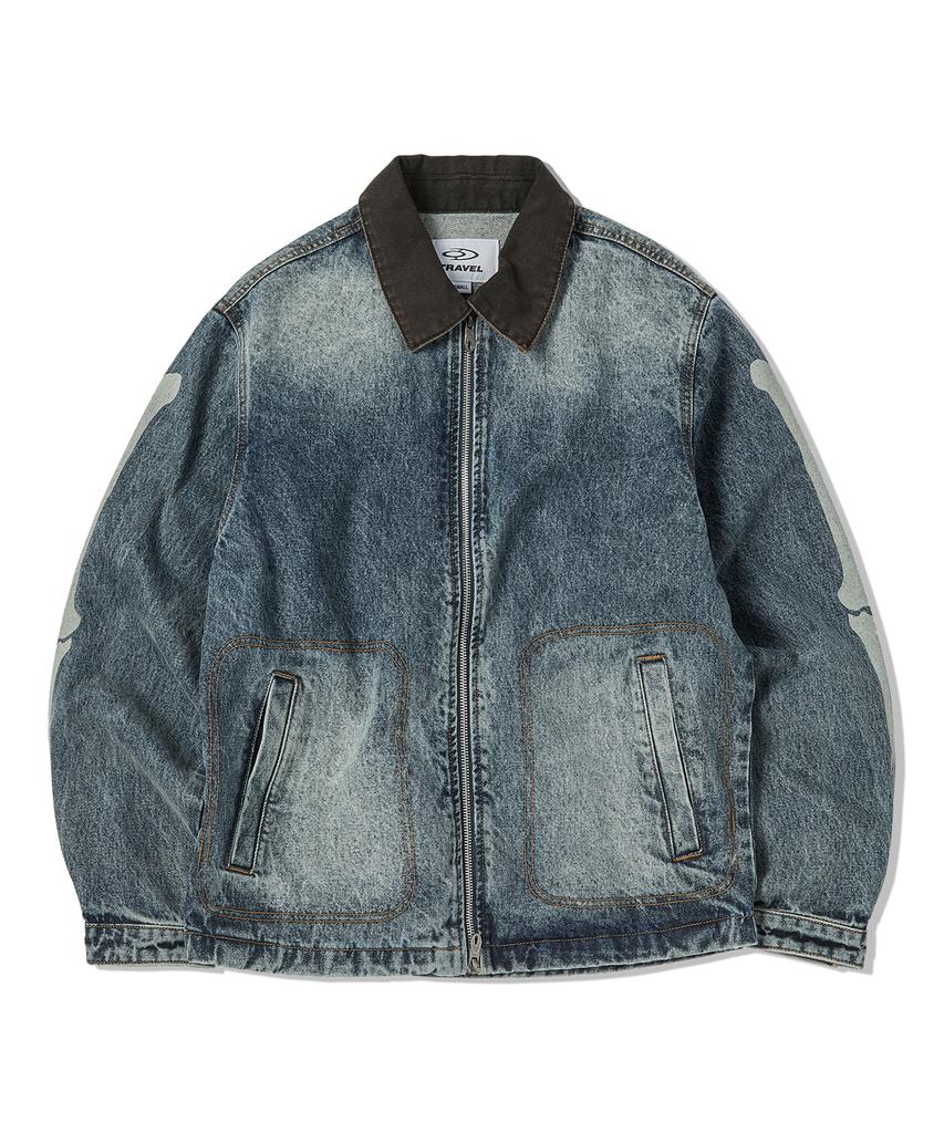 Travel Skeleton Denim Zip-Up Jacket Indigo Blue