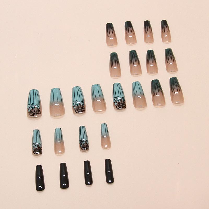 24 Pieces Nail Art Piece Wearing Nail Piece Dark Green National Style Removable Nail Art Piece Line Rose False Nail