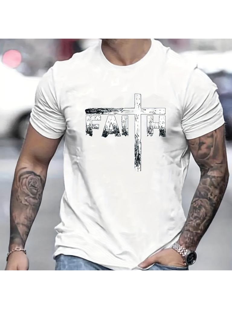 Men's Summer 3D Printed Men's T-shirt Faith Print Loose Large Casual Round Neck Short Sleeve T-shirt
