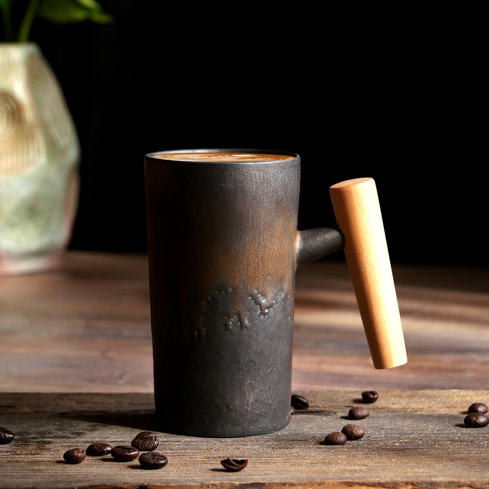 Ceramic Mug Wooden Handle Coffee Cup Vintage Kiln Variation Pottery Large Capacity Tea Water Cup for Home Office Kitchen