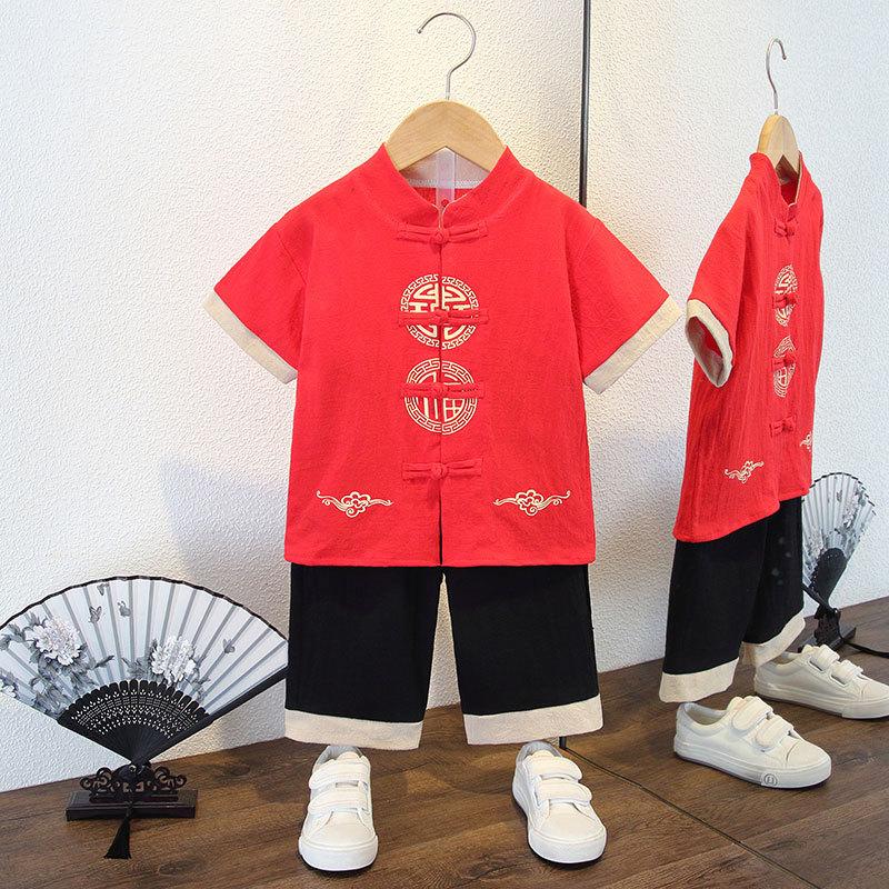Completo Estivo da Ragazzo a Maniche Corte Stile Cinese per Bambini Hanbok Bello Completo Tang Cotone Lino Sezione Sottile di Abbigliamento Antico