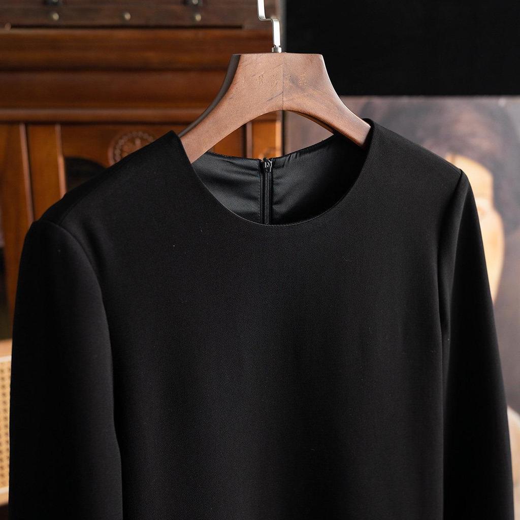 In Stock: High-End Women's Elegant Ruffle Lace Sleeve Slit Acetate Little Black Dress MG091