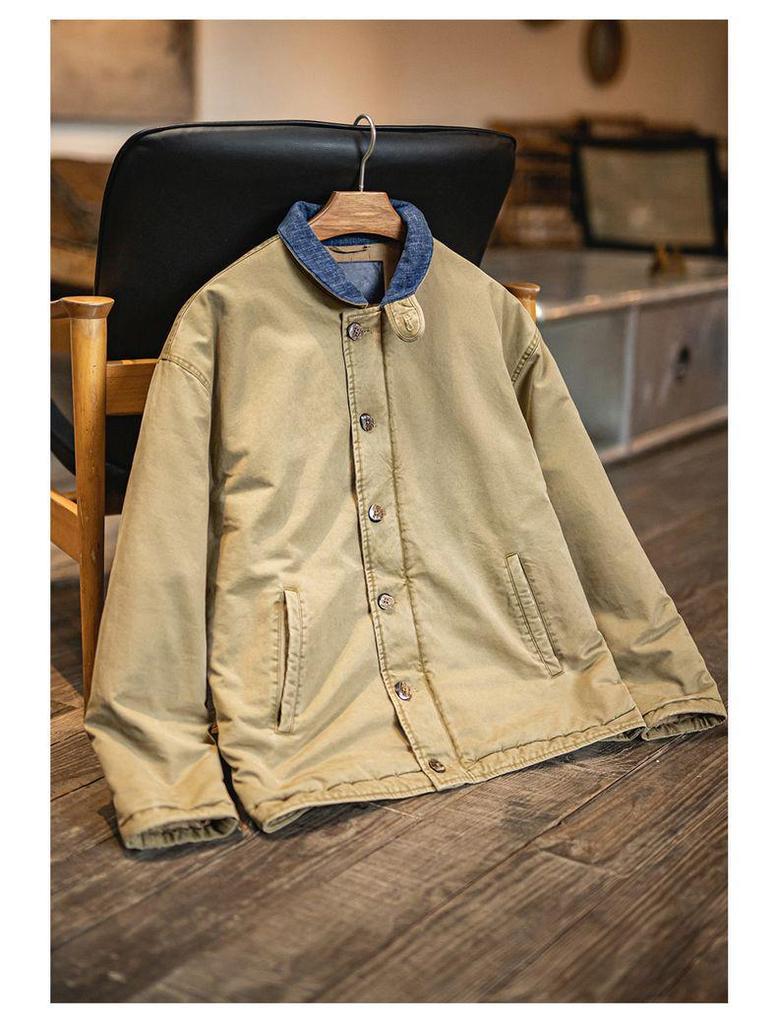 Maden Workwear Men's American Retro N1 Deck Jacket – Warm Stand Collar Cotton Jacket for Autumn and Winter