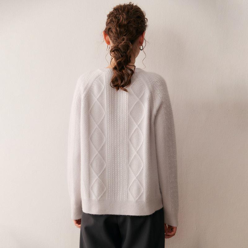 2025 Autumn/Winter Thick Diamond Cable Knit Cashmere Loose Round Neck Long Sleeve Cardigan for Women