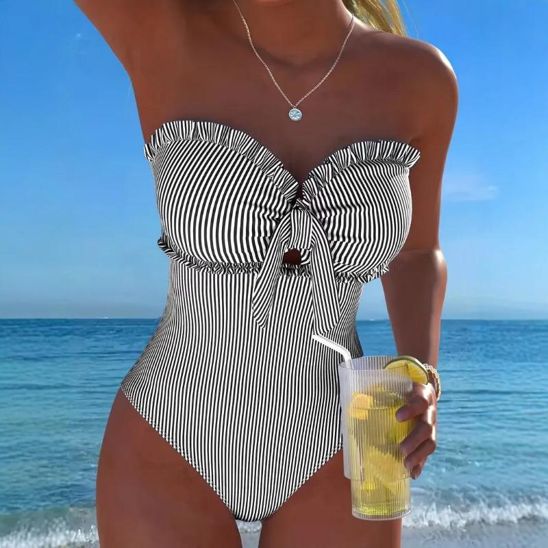 2026 Strappy Swimsuit One Piece Sexy Striped Ruffle Swimwear Women Bathers Bathing Swimming Swim Suit Padded Beachwear Summer
