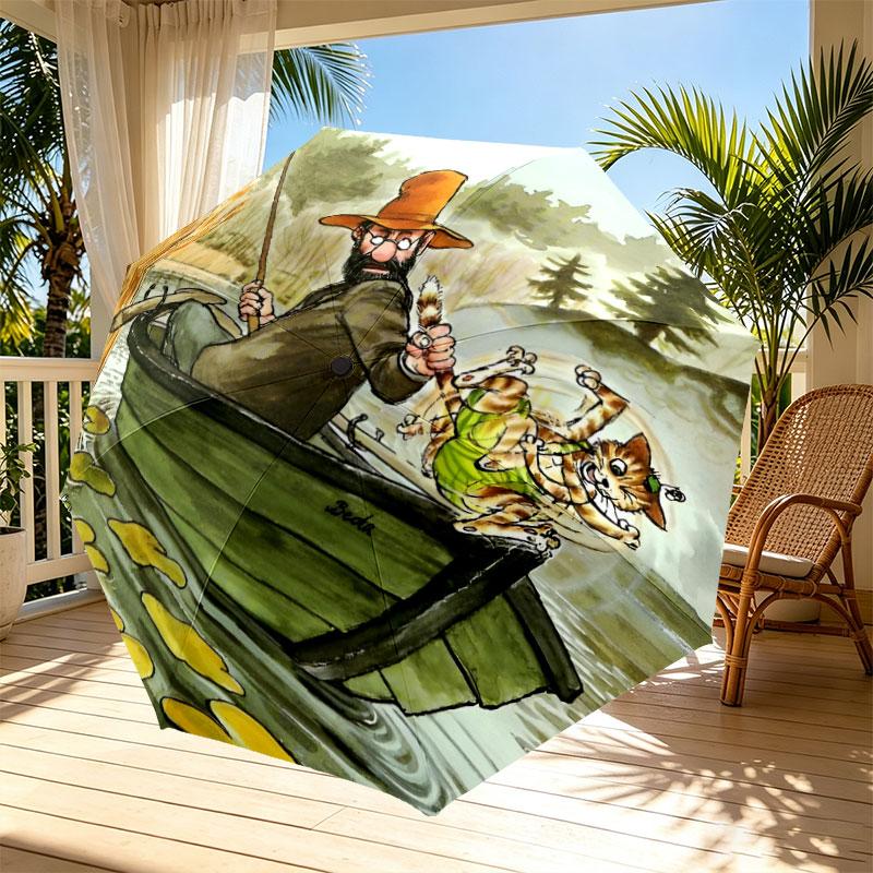 Pettersson und Findus Print Automatic Open Close Umbrella, Portable Foldable Umbrella, for Outdoor Commute Camping Trip, Ideal Birthday Gift