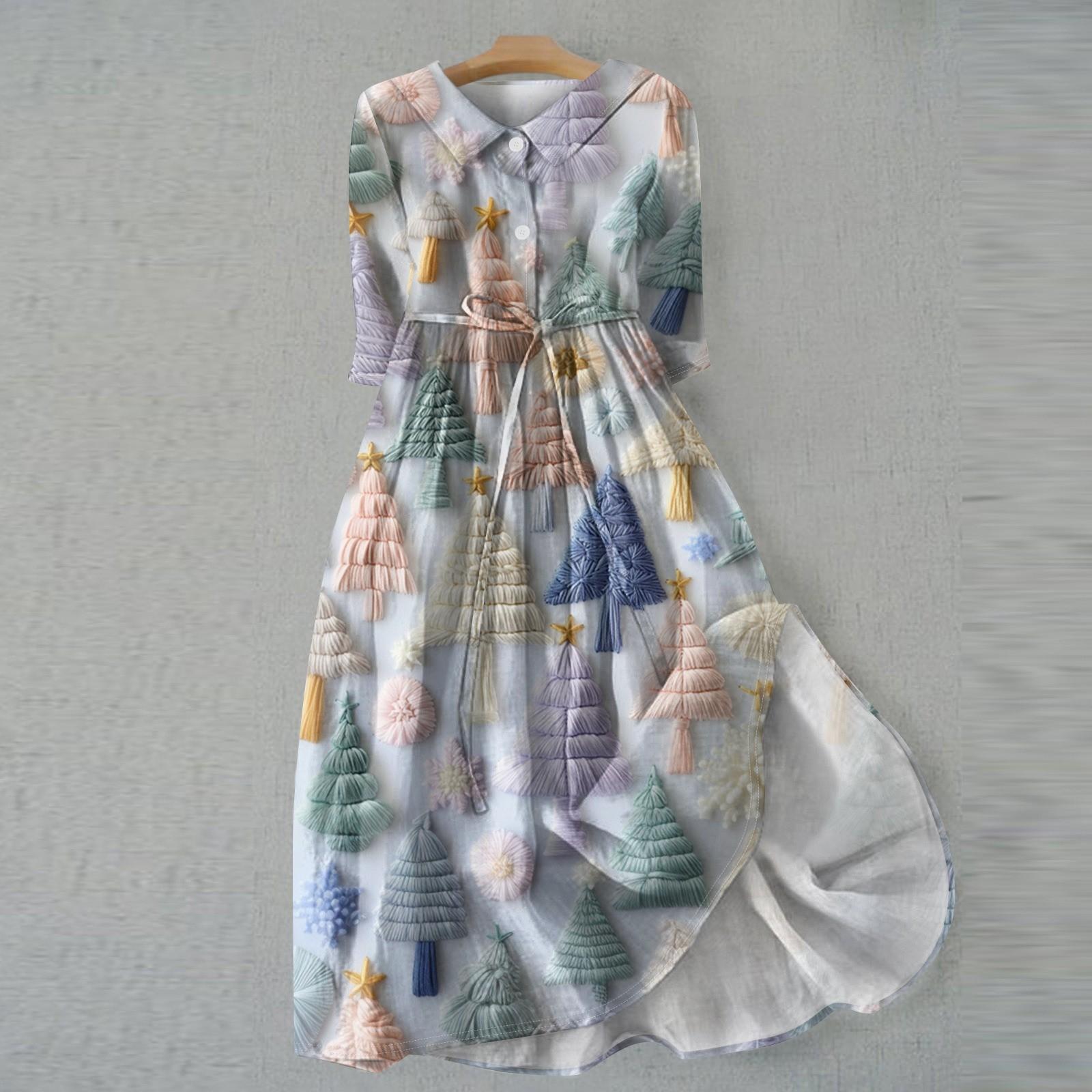 

Женское модное рождественское принтовое платье с отворотом, застегивающимся на пуговицы, рукавами-семью точками и завязками XXXL