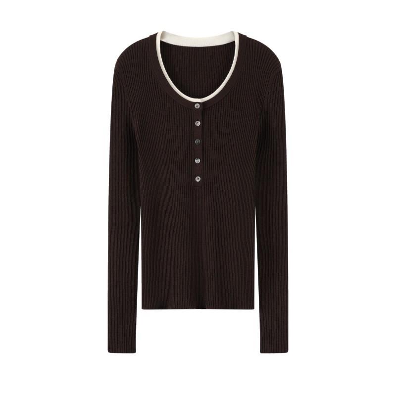 Elegant 60s Count Wool Round Neck Slimming Sweater - Women's Spring/Autumn Style, Faux Two-Piece Design
