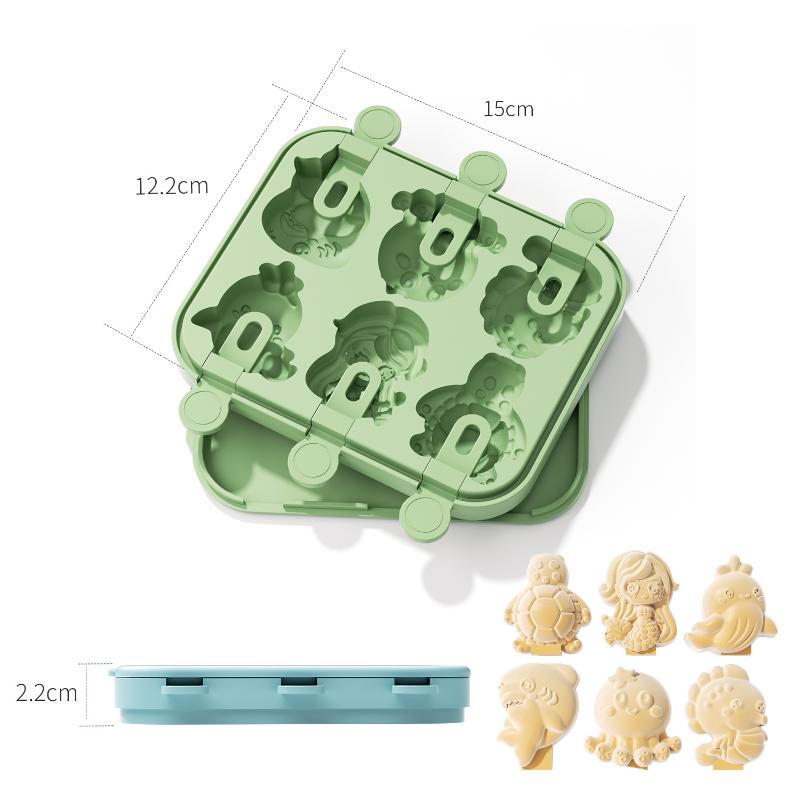 Kids Cartoon Popsicle Molds 6 Cavity Reusable Silicone Easy Release Fruit Shaped Ice Cream Maker