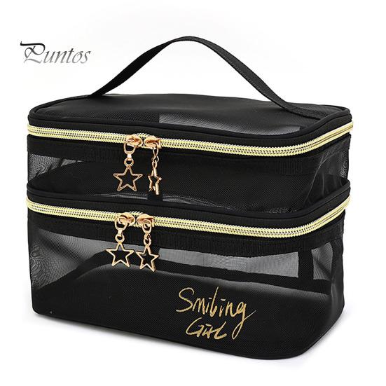 

Сітчаста косметичка Двошарова прозора конструкція Легкий доступ Подвійна застібка-блискавка Багатофункціональна туалетна сумка для пензлів для макіяжу чорний