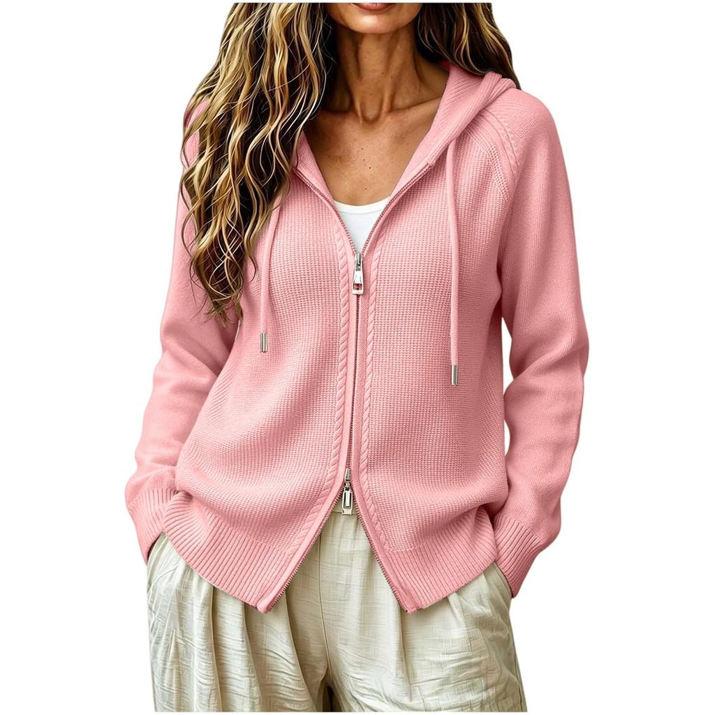 Women's Zip-Up Hooded Knit Cardigan Top for Layering