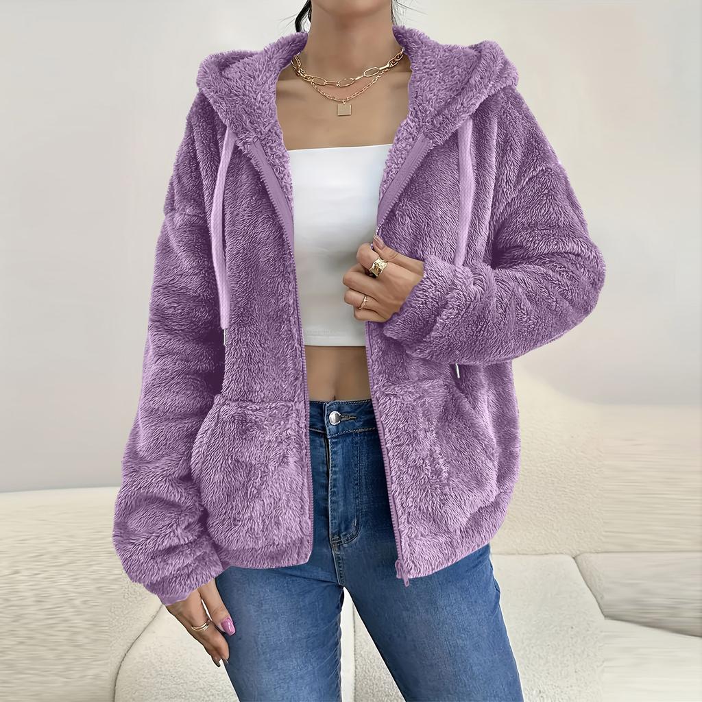 Women's Color Hooded Zip Up Cardigan with Pockets Loose Fit Coat