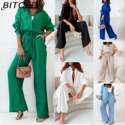Fashionable Autumn/Winter Loose-Fit Stretch Creased Long-Sleeved Shirt and Wide-Leg Trousers Casual Set for Women, 2-Piece