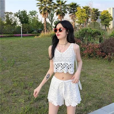 Women's Crochet Skeleton Vest Outer Sleeveless Knitted Top Shoulder Vest Outer Suspender Shorts Suit