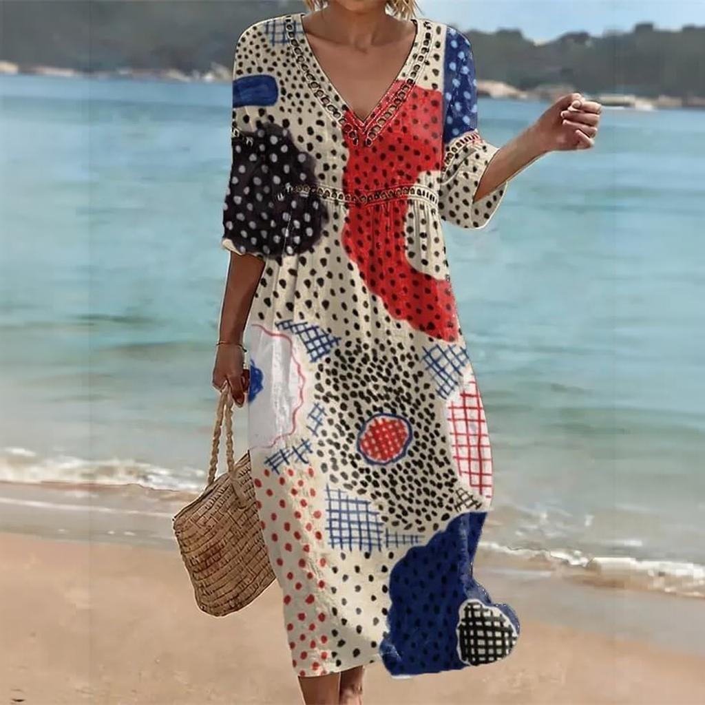 Women's V-Neck Midi Casual Dress with Printed Pattern for Beach Summer Vacation