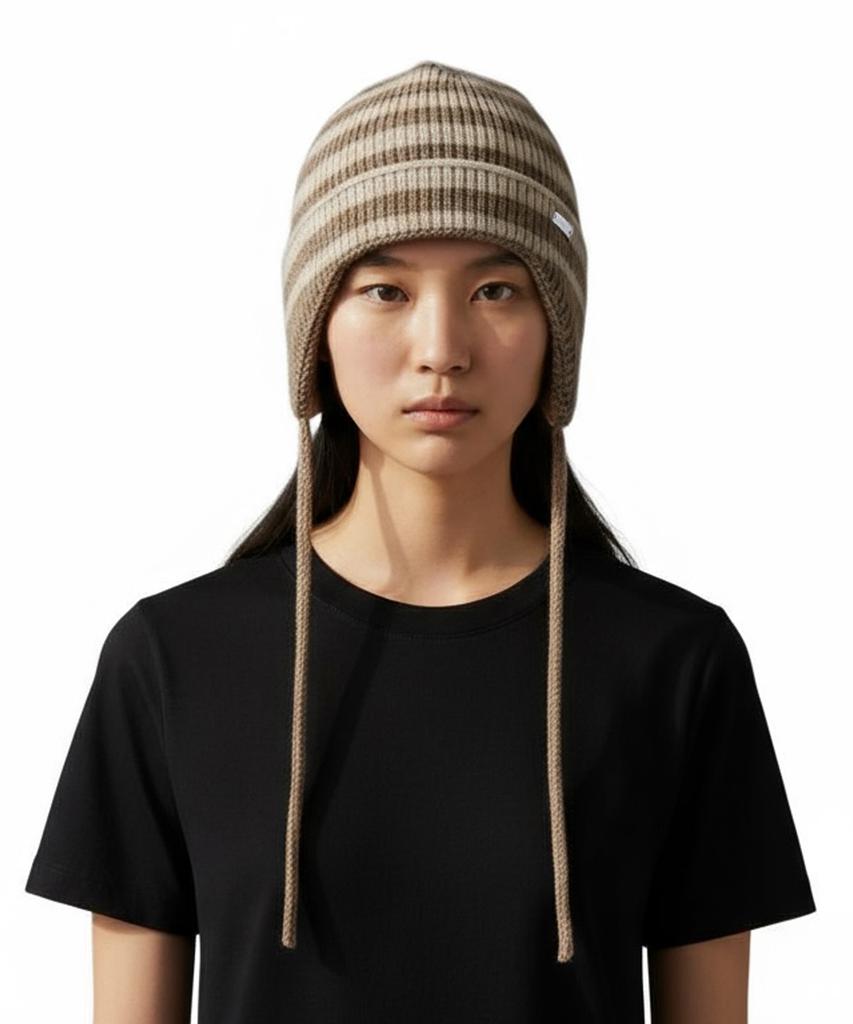 Leoninghai Striped Earflap Beanie [Beige]