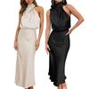 Stehkragen Neckholder ärmellose Taille enges Damenkleid Glattes Satin Midi-Abendkleid mit lockerem Saum