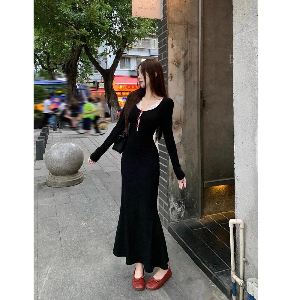 French sexy slim-fitting black knitted fishtail dress women's autumn and winter fishing dating dress with hip-wrapped long skirt inside