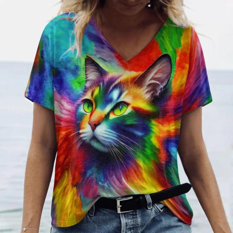 plus size 7XL Ladies' V-neck T-shirt 3D Printed Fashion Trend Bird Cat Dog Animal Print Short Sleeved Clothing Breathable Top T-Shirts Women’s