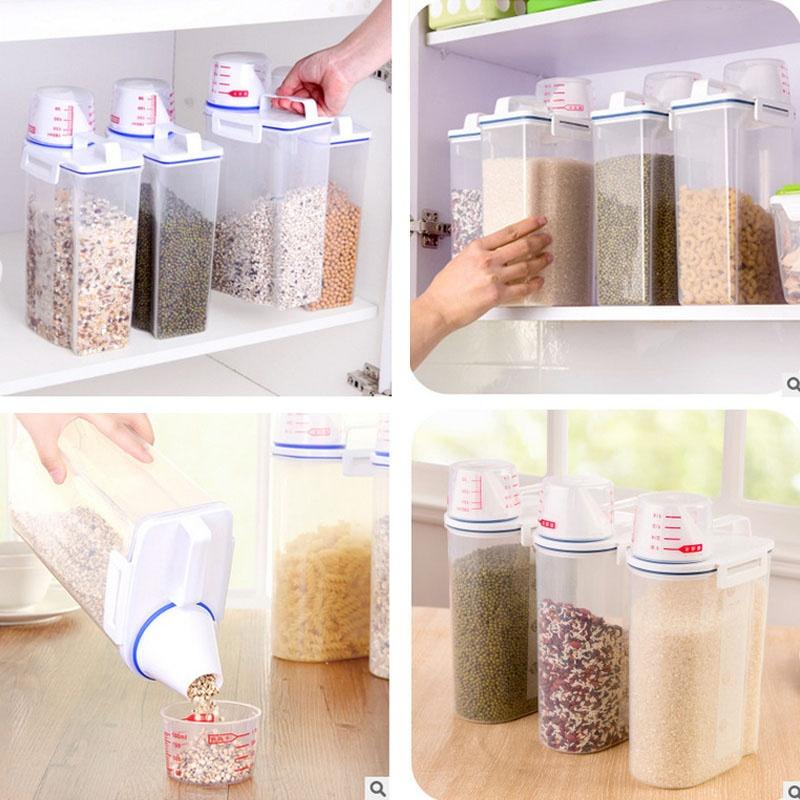 High Quality PP Cereal Dispenser Storage Box Kitchen Food Grain Rice Containers with Measuring Cup