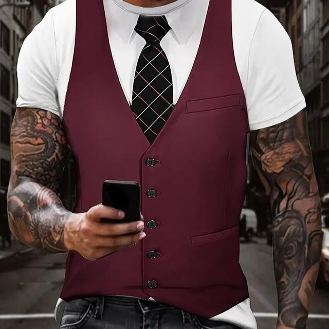 Camiseta de Manga Curta Lisa com Estampa de Terno e Gravata para Roupas Masculinas High Street Streetwear Tops Moda Camisetas Masculinas Estampa 3D