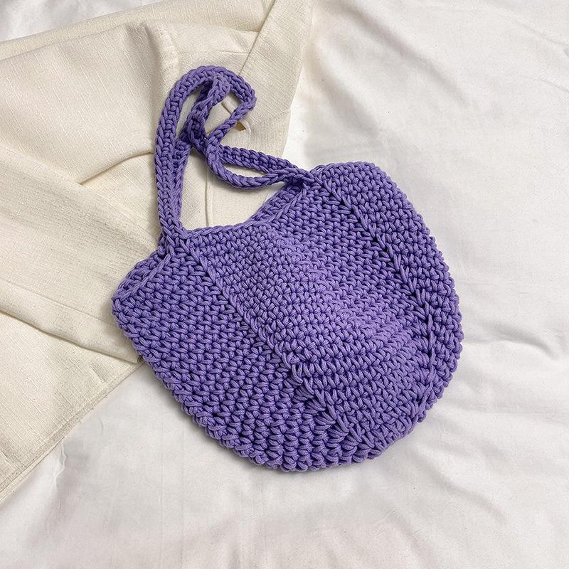 Casual large-capacity cotton thread woven bag, new openwork straw bag, lazy style shoulder bag, vacation beach bag, women's bag