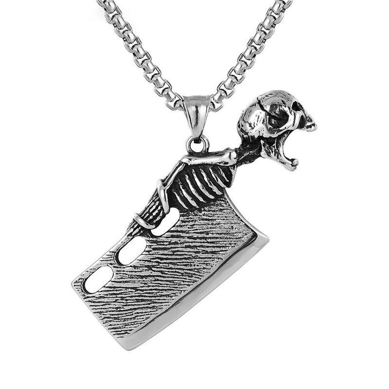 Retro Style Skull Knife Necklace Pendant for Men Punk Hip Hop Stainless Steel Skeleton Bottle Opener Gothic Jewelry