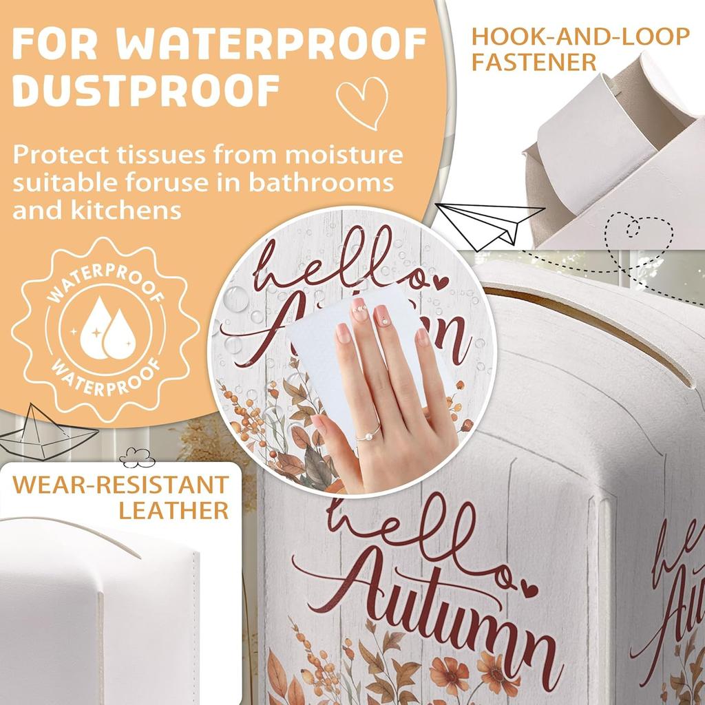 Floral Tissue Box Holder, Fall Florals Leather Tissue Box Cover Square, Autumn Facial Paper Organizer Dispenser Toilet Paper Holder for Bathroom