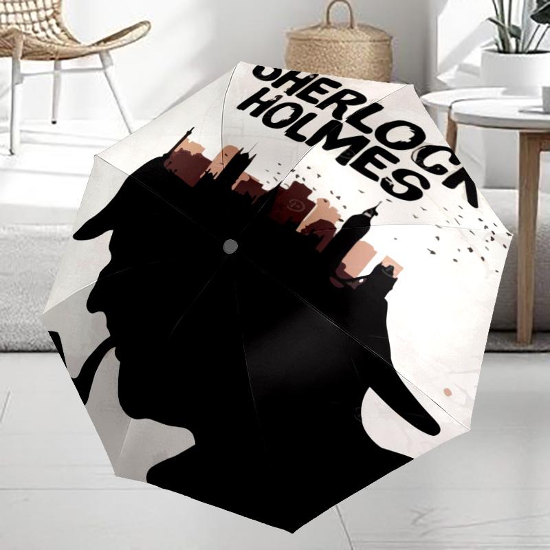 Sherlock Holmes Thema Automatischer Regenschirm, Leicht & Tragbar, 8 Speichen, Perfekt für Reisen im Freien, Geburtstage, Weihnachten, Geschenke.