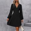 Women's Fashionable Solid Color V Neck Long Sleeved Pleated Versatile Dress