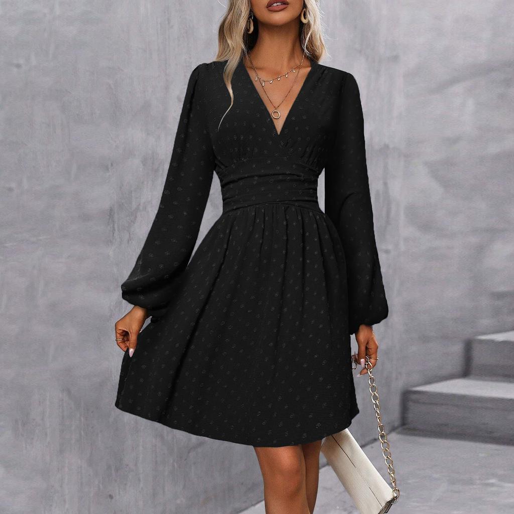 Women's Fashionable Solid Color V Neck Long Sleeved Pleated Versatile Dress