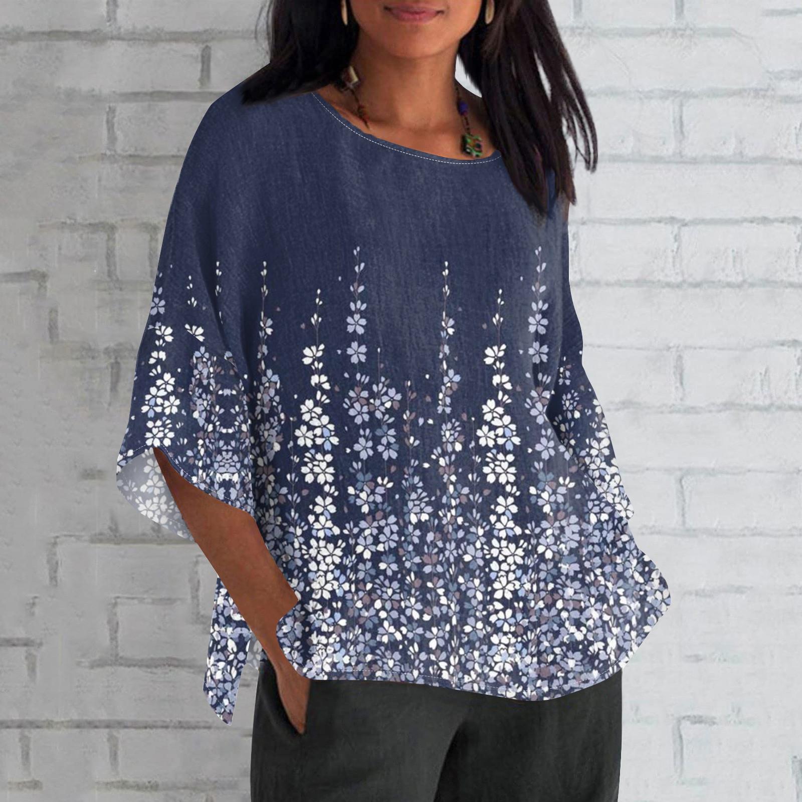 

Women s Fashion Seven-Quarter Sleeve Round Neck Printed Loose Casual Shirt Tops XXL Темно-синій