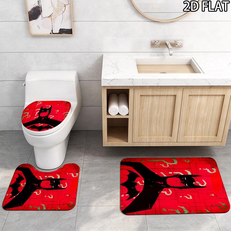 3pcs Black and Red Batman Pattern Flannel Nonslip Absorbent Washable Decorative Bathroom Home Toilet Seat Cover Mat