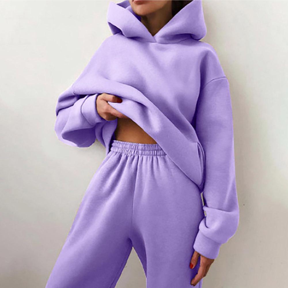 2026 Spring Women's European & American Solid Color Hoodie Sweatshirt & Long Pants Casual Streetwear Two-piece Set