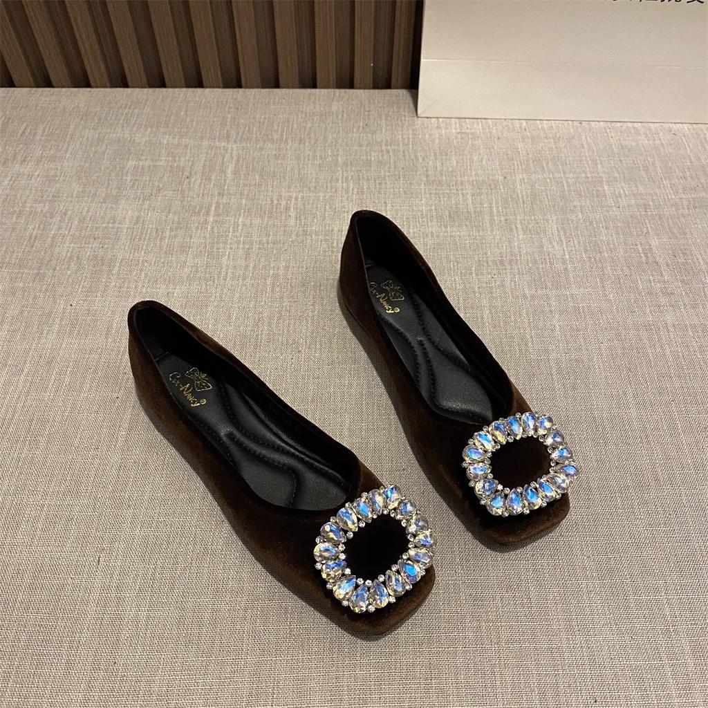 Fashion Flat Shoes for Women Spring and Autumn of 2025 New Suede Diamond Square Toe French Shallow Mouth Flat Shoes Plus Size 43 44