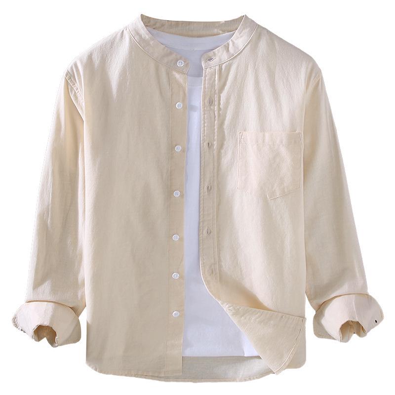 Men's Long Sleeve Cotton-Linen Shirt with Chinese Stand Collar and Pocket - Simple, Comfortable Casual Jacket