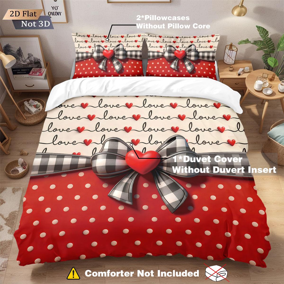 

3Pcs Valentine S Day Romantic Love Bow Print Coreless Down Duvet Cover Set, Multi Size Bedroom Bedding, Holiday Decoration 135x200cm-EU-Single&set