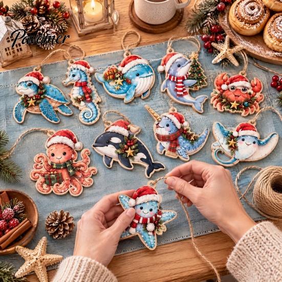 Ocean Theme Christmas Ornaments Wooden Sea Animal Pendants, 2D Flat Themed Cartoon Figures, Decorative Winter Party Hanging Decorations Banner