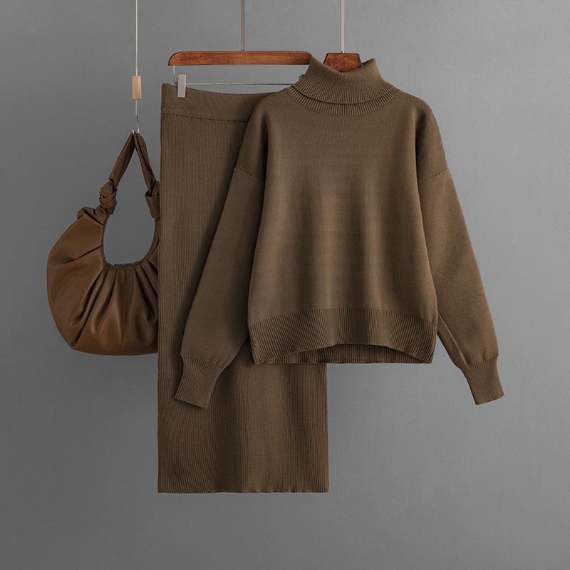 Knitted suit women's new autumn and winter new solid color turtleneck sweater half-body hip skirt two-piece set