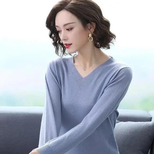 V-neck Knitted Top Women's Autumn Winter Fashion New Long Sleeve Knittwear Loose Solid Color Bottoming Sweater S-4XL