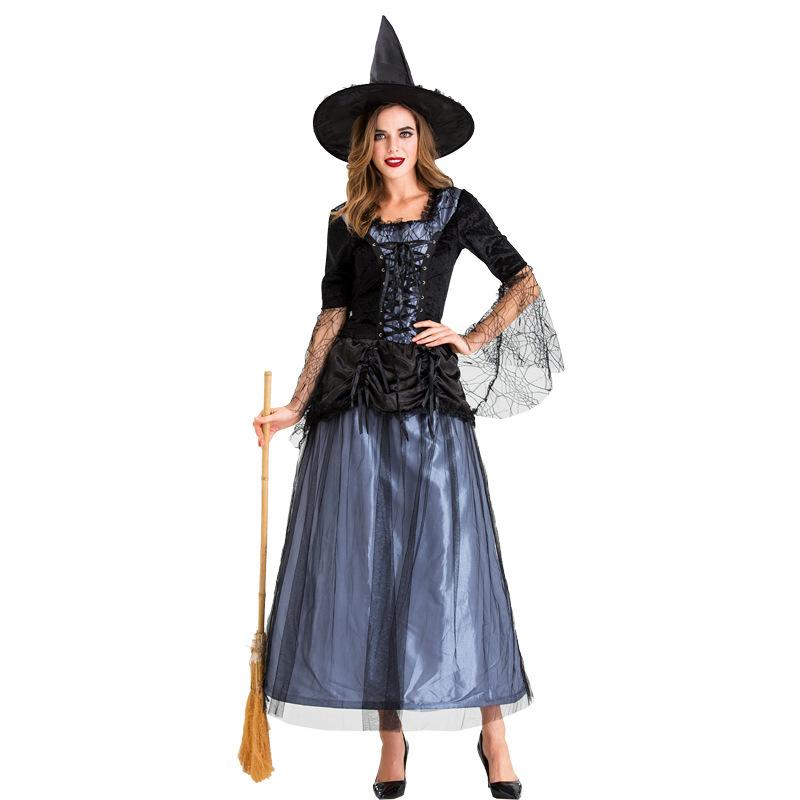 New Adult Ladies Halloween Witch Costume Lace Mesh Black Witch Dress Women's Clothing
