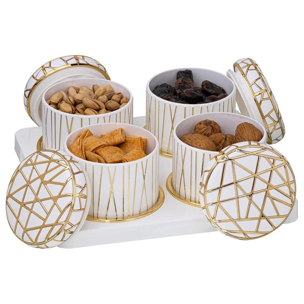 Airtight Dry Fruit Container Set- 4 Pieces (450mL each), Snacks Serving Bowls with Tray, Classic White, Serving Tray with Bowls for Snacks